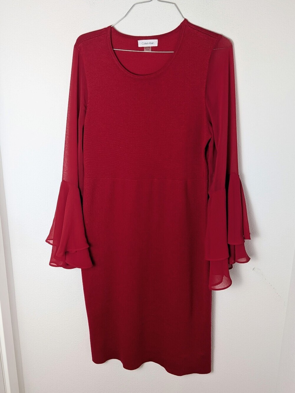 CALVIN KLEIN CHIFFON BELL SLEEVE Knitted SHEATH Bodycon DRESS RED SIZE M EUC